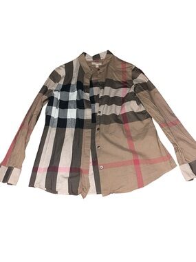 Burberry Plaid Button-Up Shirt in Beige, Black & Red. Size P (S)